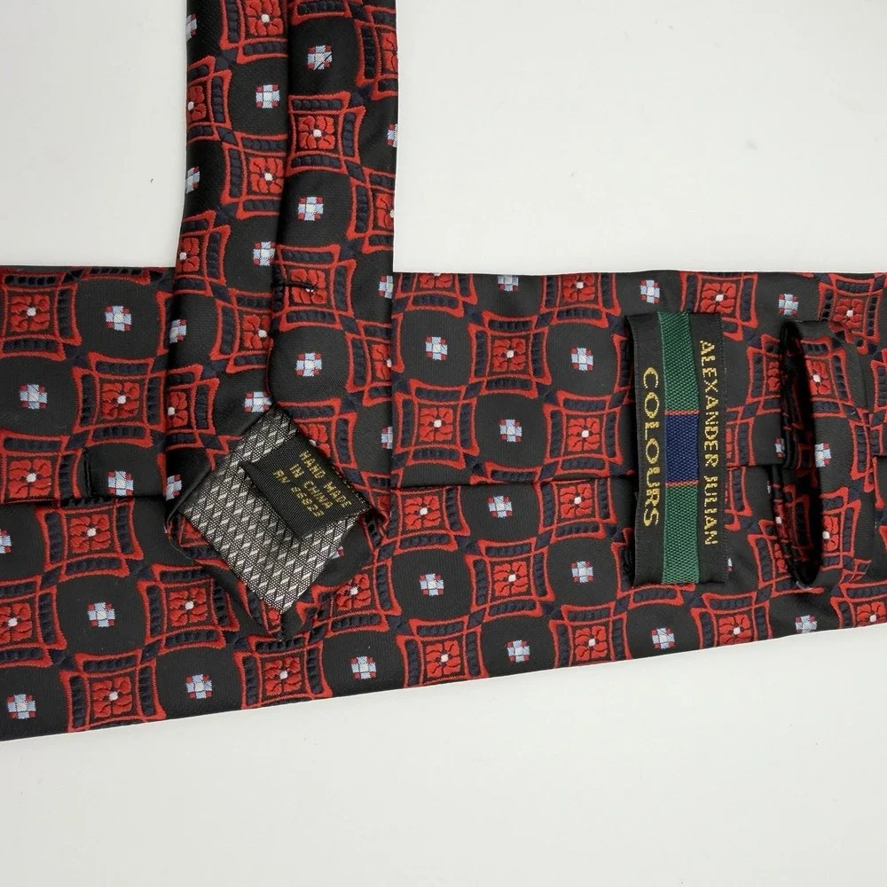 Alexander Julian Coolers Men's Tie Black Red Silver‎ Necktie Cross Check Square
